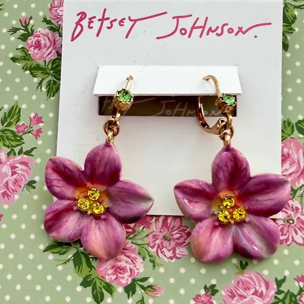 New Betsey Johnson Pink Floral Drop Earrings - Picture 5 of 8